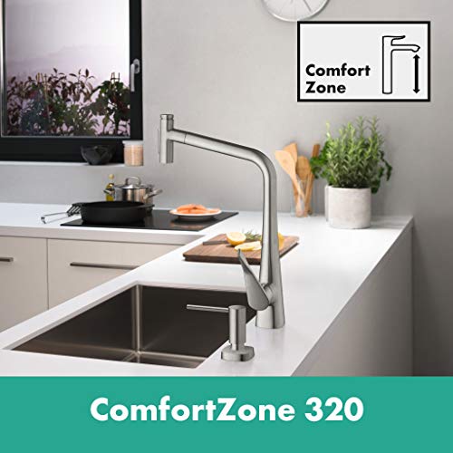 hansgrohe Metris Select M71 Mezclador monomando de cocina 320, ducha extraíble, 2 tipos de chorro, con caja del flexo (sBox), acabado de acero inoxidable, 73816800