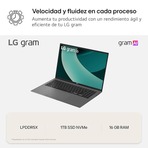 LG gram 16ZD90T-G.AX78B Ordenador Portátil 16 Pulgadas Intel Core Ultra7 255H, 16 GB RAM, 1TB SSD, Panel IPS Antirreflejo, WQXGA, 1.119 g, 22.5 Horas, FreeOS, Negro, Teclado QWERTY Español