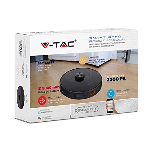 V-TAC Aspirador giroscópico Robotizado de Carga automática Compatible con Amazon Alexa y Google Home, Color Negro