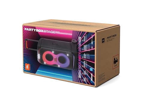 JBL PartyBox Stage 320, Altavoz portátil para fiestas, con asa telescópica y ruedas, Bluetooth, espectáculo de luces, resistente a salpicaduras IPX4, hasta 18h de reproducción, negro