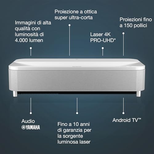 Epson EH-LS800W - Proyector láser Pro-UHD 4K 16:9, óptica Ultra Corta EpiqVision, Smart Android TV, 4000 lúmenes, Bluetooth/HDMI/USB/WLAN, Chromecast, sorround 3D Yamaha, Proyección máx. 150" Blanco