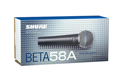 Shure Beta 58A Micrófono Vocal dinámico supercardioide de un Solo Elemento para Escenario y Estudio, Incluye Adaptador de Soporte Ajustable A25D, Adaptador de Rosca de 5/8 a 3/8