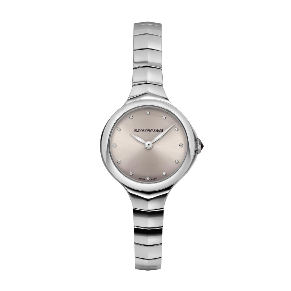 Emporio Armani Swiss Reloj de mujer, movimiento de dos manecillas, caja de acero inoxidable plateado de 26 mm con correa de acero inoxidable, ARS8013, Tono plata y gris