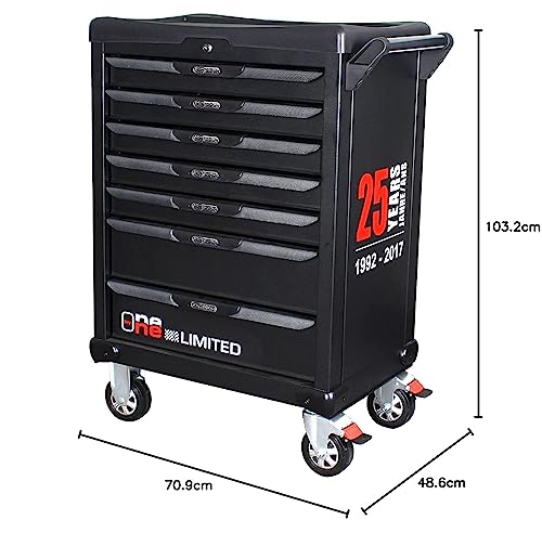 KS Tools 823.0007 One by One - Carro de taller con 7 cajones con sistema antivuelco y 4 ruedas de 125 mm de diámetro, cierre automático de cajones, color negro