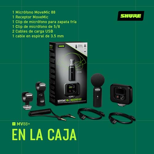 Shure Kit de Micrófono inalámbrico, MoveMic 88+ - Grabador de Audio Profesional para entrevistas de Cine/grabación de Campo | Compatible con iOS/Android Mediante la aplicación Motiv (MV88+W-Kit-Z6)