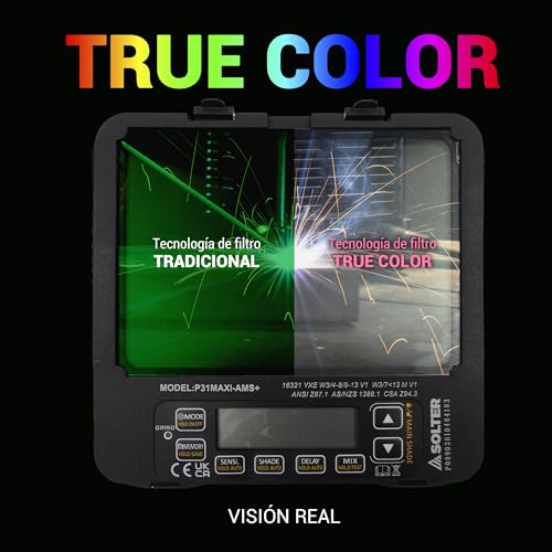 Solter, Pantalla Soldadura HELLMET R-30 con Tecnología True Color, Calidad Óptica 1/1/1/1, Amplio Campo de Visión 116x81mm, Niveles de Sombra DIN 3/4-8/9-13, Batería CR2450 Reemplazable
