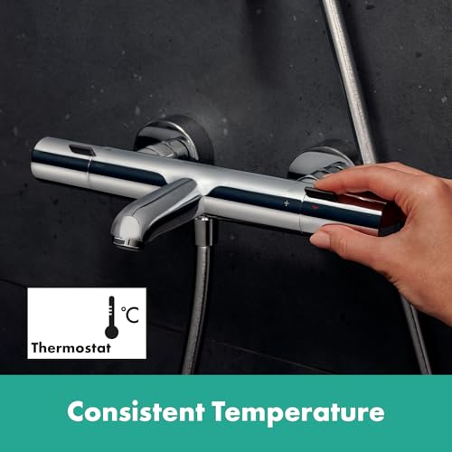 hansgrohe Pulsify S Puro - sistema de ducha ahorro de agua (EcoSmart) con termostato bañera, ducha lluvia (260 mm) con grifo bañera, ducha de mano, flexo, barra, ducha fija redonda, cromo, 24232000
