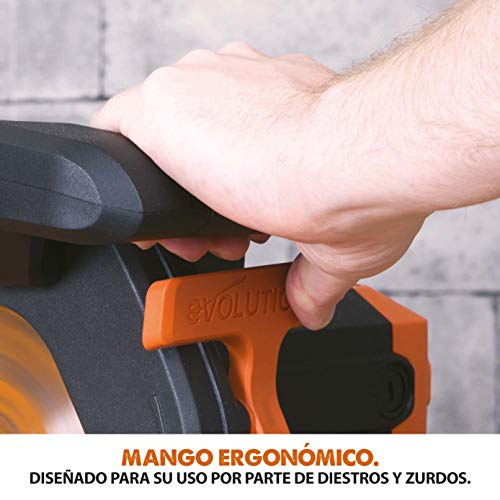 Evolution Power Tools - R210SMS-300+ Ingletadora deslizante multimaterial de 210 mm (230 V), con paquete plus, Corta acero dulce, aluminio, plástico, madera con clavos incrustados