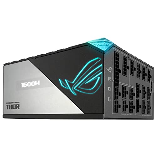 ASUS ROG Thor 1600W Titanium - Fuente de alimentación Modular (1600 Watios, 80+ Titanium, Lambda A++, MOSFETs de nitruro de galio, Disipadores ROG, Ventilador 135mm PWM, 0dB, Panel OLED)
