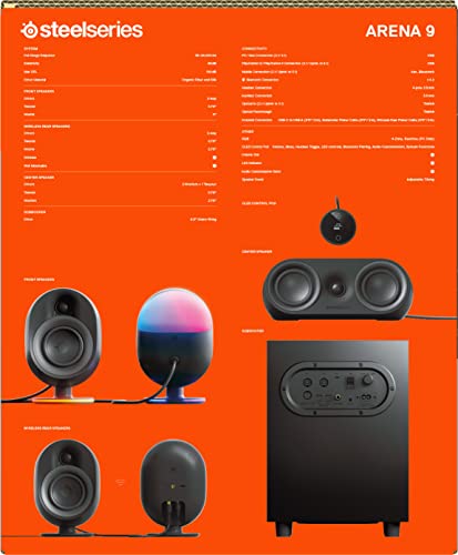 SteelSeries Arena 9 - Altavoces gaming 5.1 – Sonido envolvente USB 5.1 – Altavoces traseros inalámbricos – Diseño de altavoces de 2 vías – Subwoofer – Iluminación RGB reactiva – USB, Bluetooth