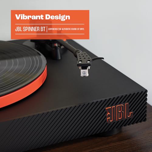 JBL Spinner BT, Tocadiscos Bluetooth con AptX-HD, cabezal extraíble, plato de aluminio y transmisión por correa, cartucho magnético móvil preinstalado, en negro y naranja