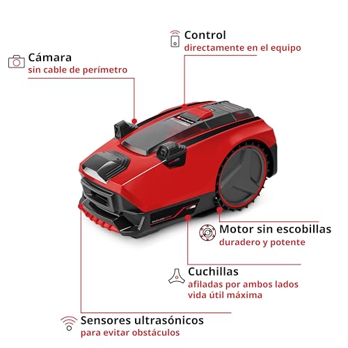 Einhell Robot cortacésped FREELEXO CAM 500 Power X-Change (18V, cámara vs Alambre de delimitación, Superficies de césped de 500m2, Pendiente hasta 25%, Ancho de Corte 18cm, protección antirrobos)