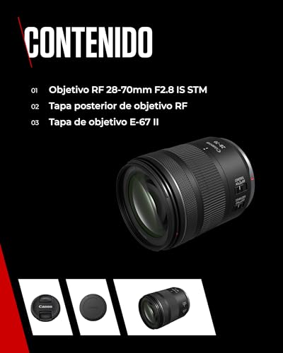 Objetivo zoom estándar Canon RF 28-70mm F2.8 IS STM para cámaras del sistema EOS R con estabilizador de imagen de 5,5 pasos sellado contra las inclemencias meteorológicas y un diseño compacto y ligero
