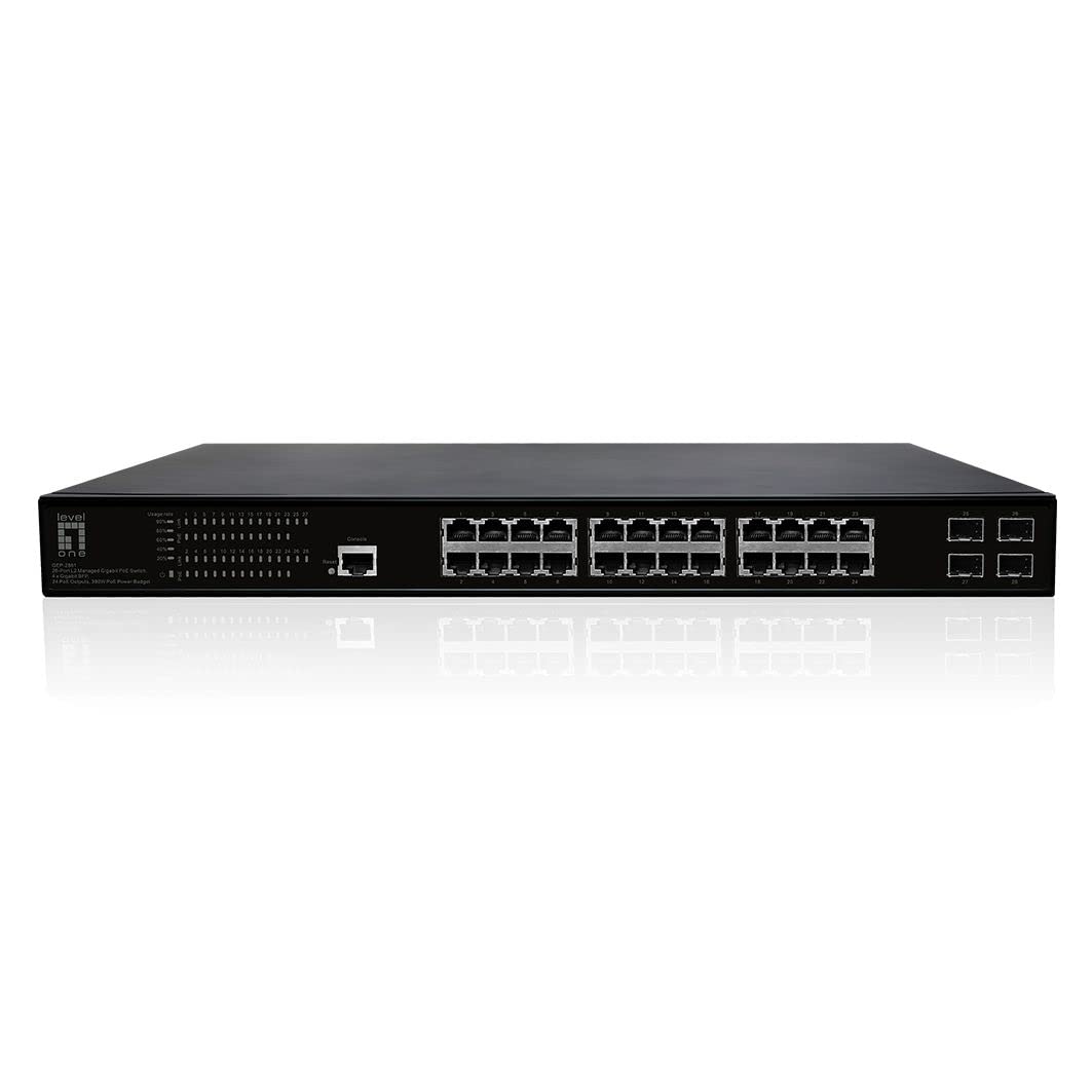 LevelOne GEP-2861 GEP-2861 - Conmutador PoE Gigabit L2 de 28 Puertos, 4 x Gigabit SFP, 24 Salidas PoE, 390 W de presupuesto de Potencia PoE