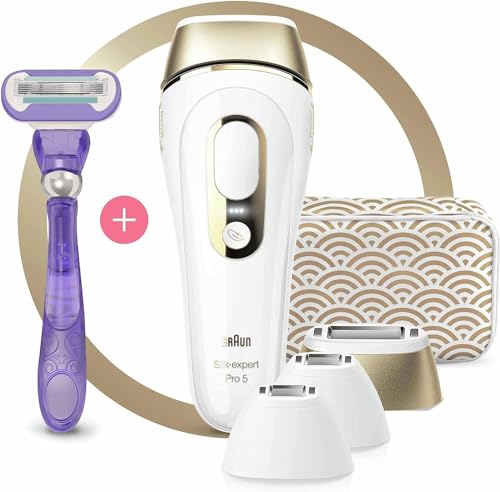 Braun Silk-expert Pro 5 Depiladora Mujer Luz Pulsada IPL, con 2 Cabezales Standar y 2 de Precisión, Alternativa a la Depilación Láser en Casa, Regalos Originales para Mujer, PL 5137MN, Blanco/Dorado