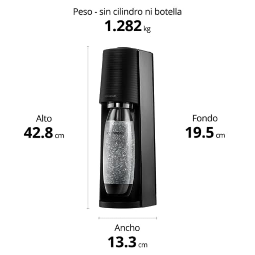 SodaStream Terra Pack - Máquina Gasificadora de Agua Color Negro, Incluye 1 Botella Fuse de 1L 2 Botellas Fuse de 0,5L y 1 Cilindro de Gas Color Rosa, Para Preparar Hasta 60L de Agua con Gas