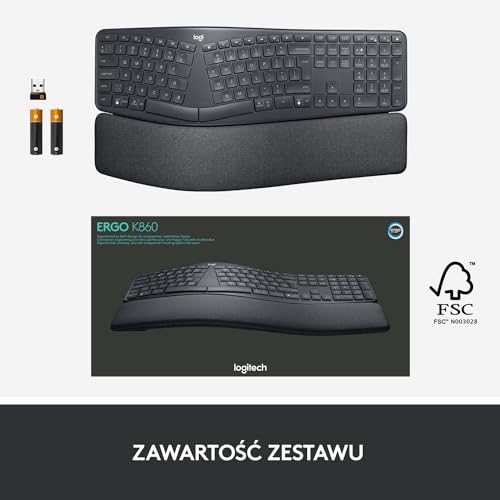 Logitech ERGO K860 for Business, Teclado partido inalámbrico - Diseño ergonómico, Tecnología Logi Bolt segura, Bluetooth, Certificación global, Windows/Mac/Chrome/Linux, QWERTY US Internacional - Gris