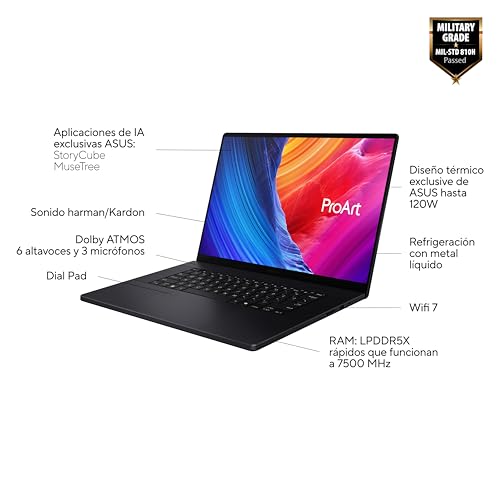 ASUS ProArt P16 OLED H7606WM-SC056W - Ordenador Portátil 16" WQUXGA (AMD Ryzen AI 9 HX 370, 32GB RAM, 1TB SSD, NVIDIA RTX 5060 8GB, Windows 11 Home) Negro Nano - Teclado QWERTY español