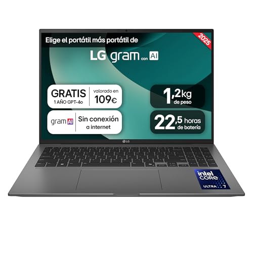 LG gram 16ZD90T-G.AX78B Ordenador Portátil 16 Pulgadas Intel Core Ultra7 255H, 16 GB RAM, 1TB SSD, Panel IPS Antirreflejo, WQXGA, 1.119 g, 22.5 Horas, FreeOS, Negro, Teclado QWERTY Español