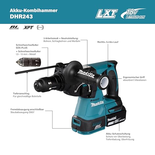 Makita Hammer DHR243Z 18V SDS-Plus 2.0 J BRUSHLESS 3 Funciones (SOLO CUERPO)