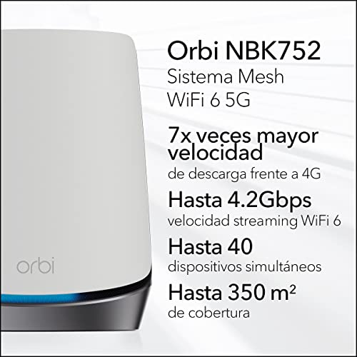 NETGEAR Orbi Router 5G Mesh WiFi 6 TriBanda NBK752 - Router con 1 extensor satélite, Cobertura de hasta 350 m2, 40 dispositivos, AX4200 (hasta 4,2 Gbps)