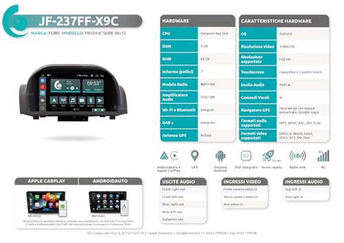 Radio de Coche para Ford Fiesta 2009-12 Android GPS Bluetooth WiFi USB Dab+ Touchscreen 7" 8core Carplay AndroidAuto