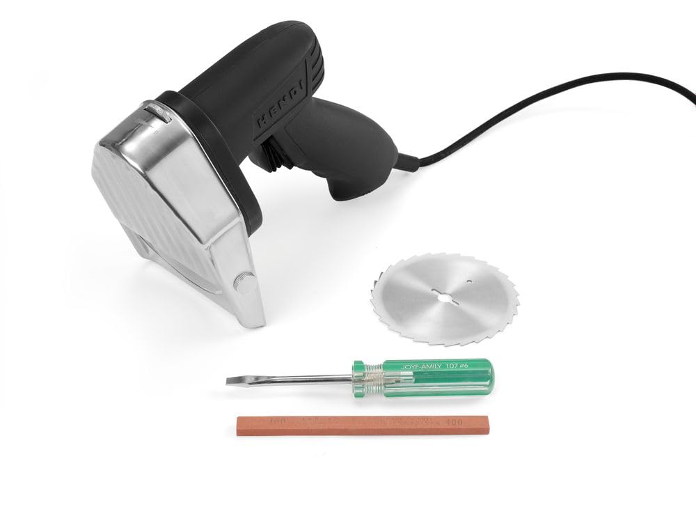 HENDI Cortador eléctrico para kebab, shawarma, gyros, corte ajustable 0-8mm, cuchilla: 2600 rpm, cuchillo eléctrico profesional para cortar carne, 80W, 60kg/h, 230V, 202x125x(H)182mm, acero inoxidable