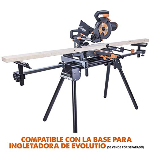 Evolution Power Tools - R210SMS-300+ Ingletadora deslizante multimaterial de 210 mm (230 V), con paquete plus, Corta acero dulce, aluminio, plástico, madera con clavos incrustados