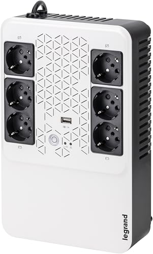 SAI Keor multiplug, 310082 de Legrand, line interactive con 6 bases Schuko y protección integrada 800VA 480W y autonomía de 10 a 15 minutos, blanco/negro
