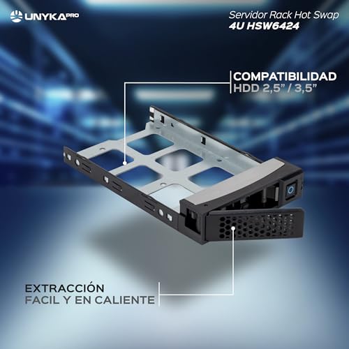 UNYKAch Caja Rack 19" 4U Hot Swap (Sustitución de Bahías en Caliente) HSW6424 ATX, 24 Bahías, para Discos de 3,5″ o 2.5”, 3 Ventiladores de 120 mm y 2 USB 2.0