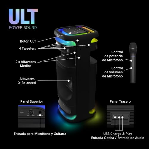 Sony ULT TOWER 10, Altavoz bluetooth para fiestas con ULT POWER SOUND y Deep Bass, altavoces X-Balanced, iluminación LED 360, funciones para fiestas, micrófono inalámbrico, portátil, ruedas giratorias