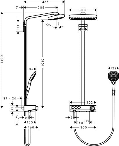 hansgrohe Raindance Select E - sistema de ducha con termostato, ducha lluvia (300 x 190mm) con grifo, ducha de mano (3 tipos de chorro), flexo, barra, ducha fija rectangular, cromo, 27127000