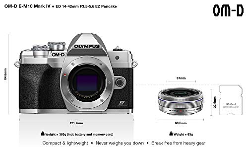 Kit de cámara del Sistema Micro Four Thirds Olympus OM-D E-M10 Mark IV, Sensor de 20 Mpx, Visor electrónico, vídeo 4K, Wi-Fi, Plata, Incluye el M.Zuiko Digital ED 14-42mm F3.5-5.6 EZ Pancake Plata