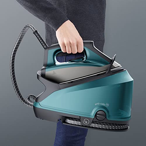 Rowenta Compact Steam Pro DG7623 Centro de planchado, 6.3 bares de presión, golpe de vapor de 325 g/minuto, suela antiarañazos deslizante, sistema eco, Color Azul/Negro