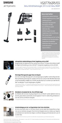 Samsung Jet 75 Pet Extra VS20T7562R5/EG Aspirador de Mano inalámbrico y sin Bolsa, Cromo/Plata