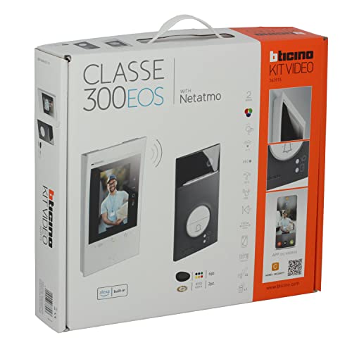 BTICINO Kit Videoportero Conectado Classe 300 EOS WiFi with Netatmo, Listo para Instalar, Monitor Blanco 2 hilos y Placa de calle Linea negra, 363915