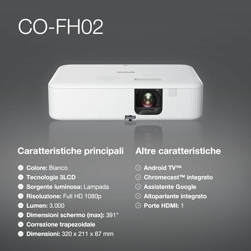 Epson CO-FH02, Proyector Full HD, 3000 lúmenes, Android TV, Lámpara Larga Duración: 12000 Horas, Altavoz Integrado y Tecnología 3LCD