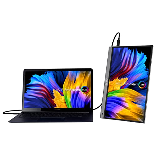 ASUS ZenScreen OLED MQ13AH - Monitor portátil de 13,3 Pulgadas (FHD (1920 x 1080), 100% DCI-P3, 1 ms, Delta E < 2, HDR-10, USB-C, Mini HDMI, Smart Case, antiparpadeo, Baja luz Azul, Negro