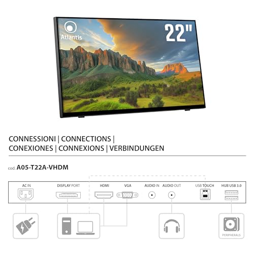 Atlantis A05-T22A-VHDM Monitor Táctil 22 Pulgadas, Pantalla 10 Teclas, Full HD 1920x1080, HDMI VGA DP, Inclinación 15°-50°, Cristal de Protección 7H, Contraste 1000:1, Ángulo 178/178, Vesa 100