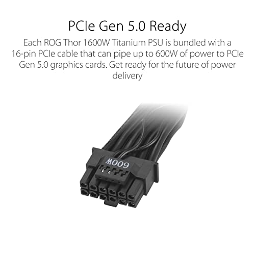 ASUS ROG Thor 1600W Titanium - Fuente de alimentación Modular (1600 Watios, 80+ Titanium, Lambda A++, MOSFETs de nitruro de galio, Disipadores ROG, Ventilador 135mm PWM, 0dB, Panel OLED)