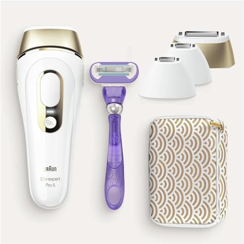 Braun Silk-expert Pro 5 Depiladora Mujer Luz Pulsada IPL, con 2 Cabezales Standar y 2 de Precisión, Alternativa a la Depilación Láser en Casa, Regalos Originales para Mujer, PL 5137MN, Blanco/Dorado
