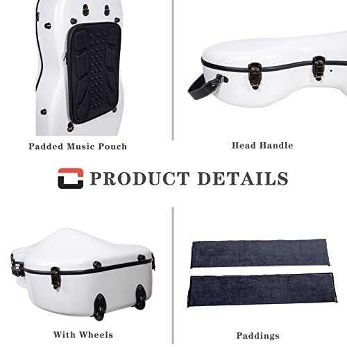 Crossrock Funda de fibra de vidrio con ruedas, se adapta a 4/4 de tamaño completo, incluye bolsa acolchada para música, 3 asas, correas de hombro extraíbles, cerradura de combinación, color blanco