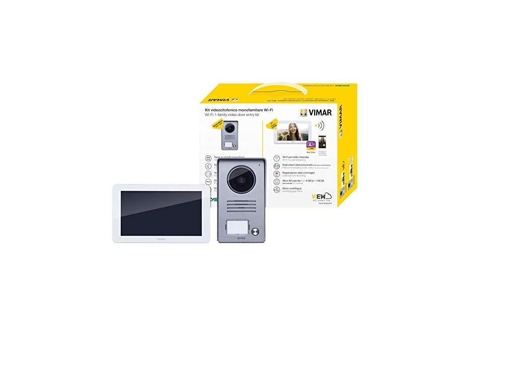 Vimar K40955 Kit videoportero de superficie para 1 familla con: videoportero Wi-Fi táctil LCD 7in altavoz, placa audio/vídeo de 1 botón, alimentador, con estribos de fijación, Blanco