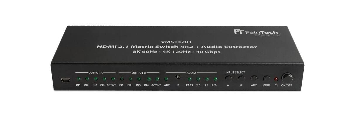 FeinTech VMS14201 HDMI 2.1 Matrix Switch 4x2 Conmutador 4K 120Hz 8K Ultra HD 4 en 2 Salidas Audio Extractror ARC Toslink SPDIF Downscaler para Xbox PS5 TV Monitor HDR VRR 40Gbps