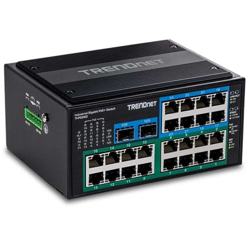 TRENDnet TI-PG262 TI-PG262 - Conmutador Industrial no administrado con 26 Puertos Gigabit PoE+, 8 Puertos Gigabit RJ-45, 2 Puertos SFP, IP30, protección de por Vida, Color Negro