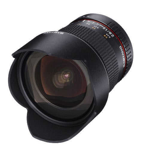 Samyang Lente Ultra Gran Angular F2.8 ED AS NCS CS de 10 mm para cámaras réflex Digitales Nikon con Chip Ae para medición automática (SY10MAF-N), Color Negro