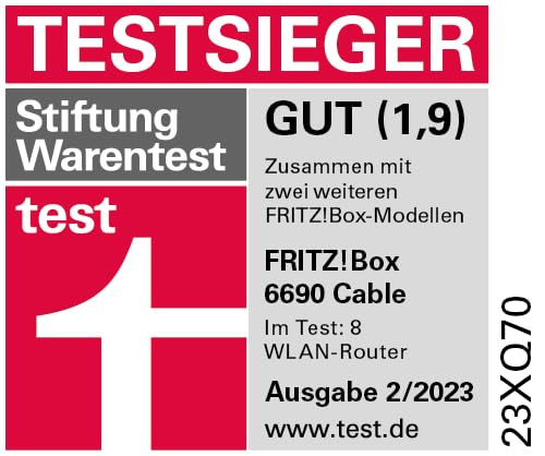AVM ¡FRITZ! Cable Box 6690 (módem por cable DOCSIS 3.1, Wi-Fi 6 (WLAN AX) 4x4 con 4800 Mbps (5 GHz) + 1200 Mbps (2,4 GHz), 1 puerto LAN de 2,5 Gigabits, USB 3.0, DECT), blanco/rojo