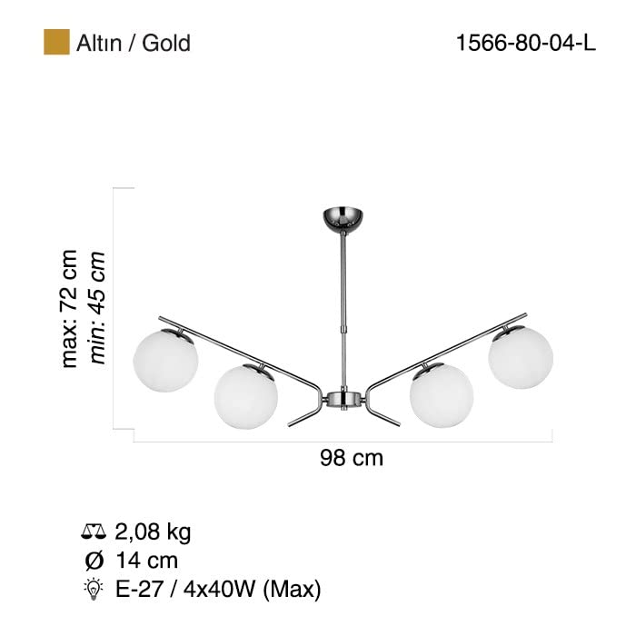 Homemania 1566-80-04-L Lámpara de Suspensión Cerco, Araña, Lámpara de Techo, Vidrio, Metal, Oro, 14 x 98 x 72 cm, 4 x E27, Max 40W