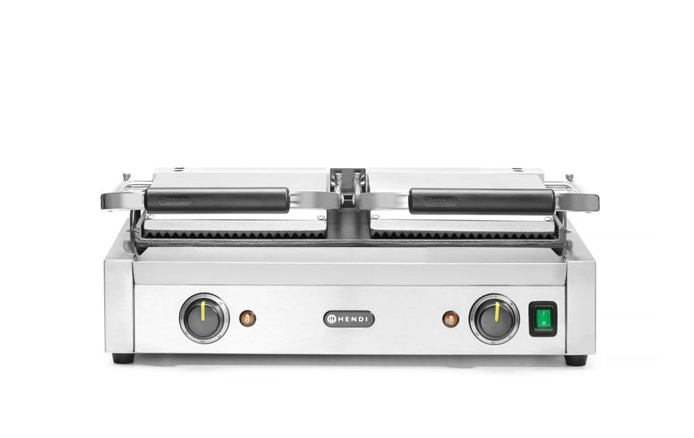 HENDI Parrilla Eléctrica de Contacto Doble, Grill/Plancha Panini y Sandwichera Profesional, Placas Acanaladas y Lisas de Hierro Fundido Esmaltado, 230V, 3600W, 570x375x(H)216mm, Acero Inoxidable