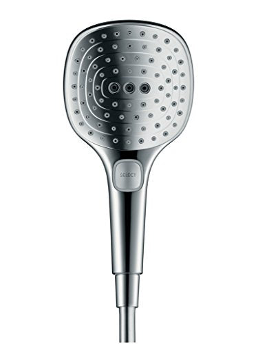 hansgrohe Raindance Select E - sistema de ducha con termostato, ducha lluvia (300 x 190mm) con grifo, ducha de mano (3 tipos de chorro), flexo, barra, ducha fija rectangular, cromo, 27127000
